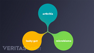 Diagram showing the connection between Leaky Gut, the Gut Microbiome, and Arthritis