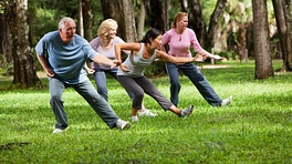Group performing tai chi in the park.